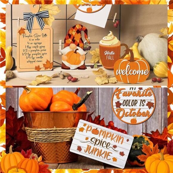 14 Pcs Fall Pumpkin Tiered Tray Drinking Coffee‎ Rustic Farmhouse Home Decor Set - Picture 4 of 6